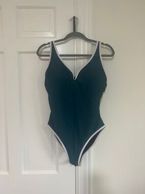 Dark Teal One-Piece Swimsuit with White Trim